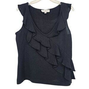 St. John V-Neck Ruffle Knit Top‎ M Black Sleeveless Feminine Designer Occasion